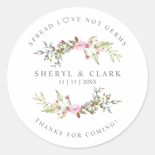 Custom Pink Floral Wreath Wedding Sanitizer Gel Ronde Sticker (Voorkant)
