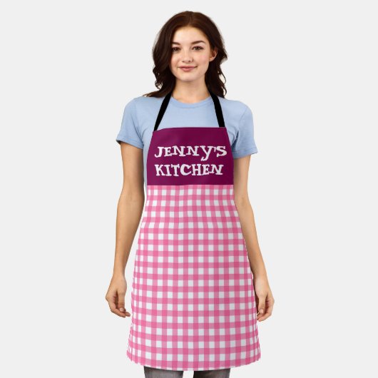 CUSTOM PINK GINGHAM KITCHEN APRON SCHORT (Gedragen)