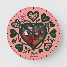 Custom Pink Green Photo Heart Clock Ronde Klok