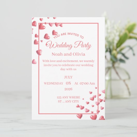 Custom Pink Heart Wedding Invitation Card Kaart (Staand voorkant)