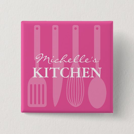 Custom pink kitchen utensils name badge buttons (Voorkant)