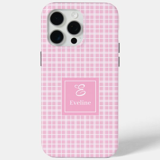 Custom Pink Plaid iPhone Case Chic Monogram Style (Achterkant)