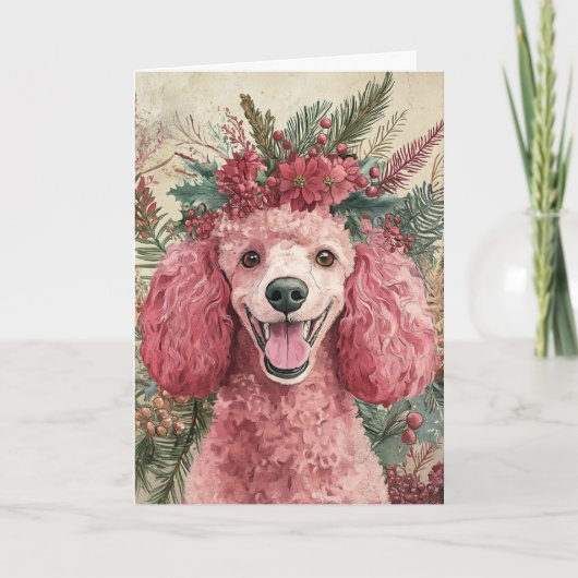 Custom Pink Poodle Christmas Floral Crown Feestdagen Kaart (Voorkant)