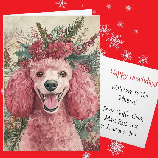 Custom Pink Poodle Christmas Floral Crown Feestdagen Kaart