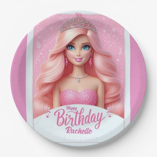 Custom Pink Princess Happy Birthday Papieren Bordje (Voorkant)