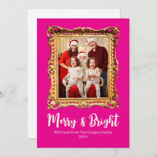 Custom Pink Retro Foto Lijst Vrolijk en helder Feestdagenkaart (Voorkant / Achterkant)
