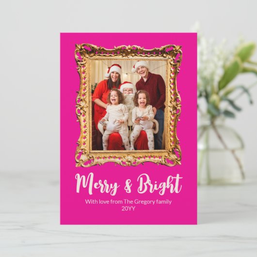 Custom Pink Retro Foto Lijst Vrolijk en helder Feestdagenkaart (Staand voorkant)