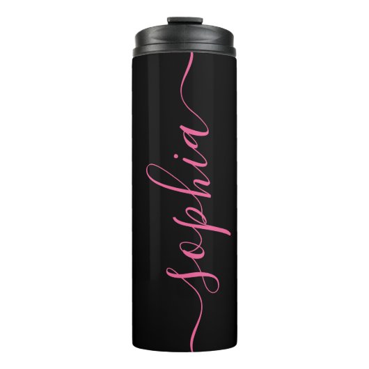 Custom Pink Script Name Black Thermal Tumbler Thermosbeker (Voorkant)