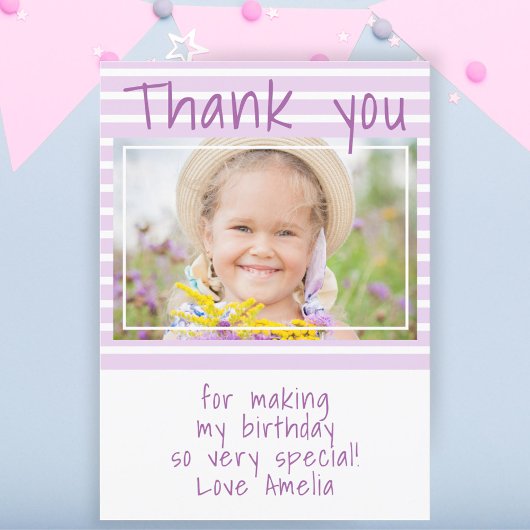 Custom Pink Stripes Verjaardag Foto Dank u kaart