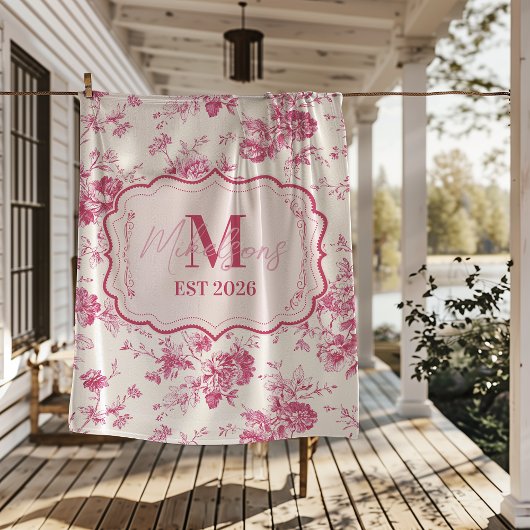 Custom Pink Toile Floral Monogram Fleece Deken
