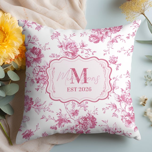 Custom Pink Toile Floral Monogram Kussen (Creator heeft geüpload)