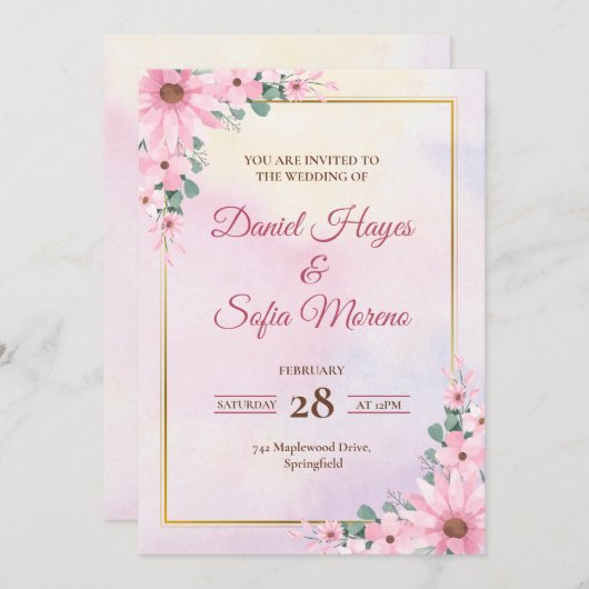 Custom Pink Watercolor Wedding Invitation Kaart (Voorkant / Achterkant)