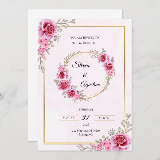 Custom Pink Wedding Invitation | Editable Kaart (Voorkant / Achterkant)