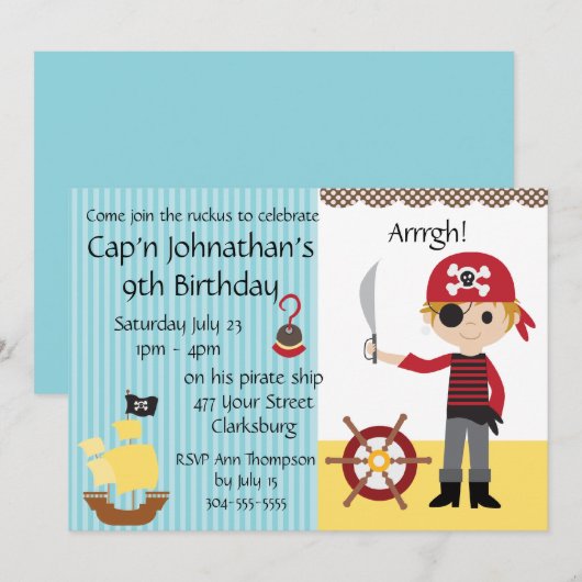 Custom Pirate Boy Birthday Party Kaart (Voorkant / Achterkant)
