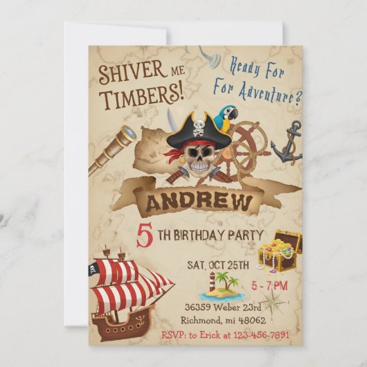 Custom Pirate Party Birthday Card Invitation  Kaart (Voorkant)