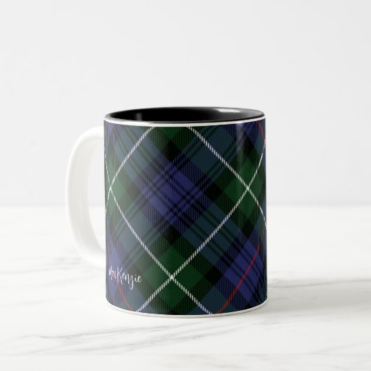 Custom Plaid Paarse Groene MacKenzie Tartan Tweekleurige Koffiemok (Voorkant links)