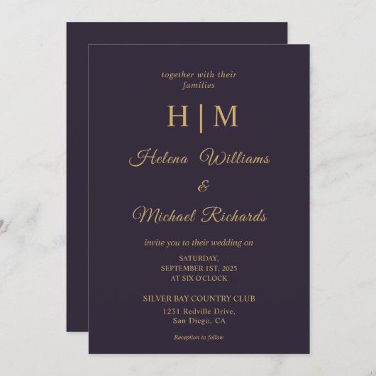 Custom Plain Dark Navy Blue Gold Letter Wedding Kaart (Voorkant / Achterkant)