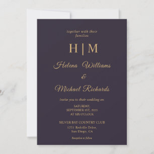 Custom Plain Dark Navy Blue Gold Letter Wedding Kaart