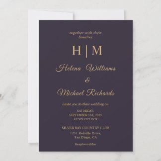 Custom Plain Dark Navy Blue Gold Letter Wedding Kaart