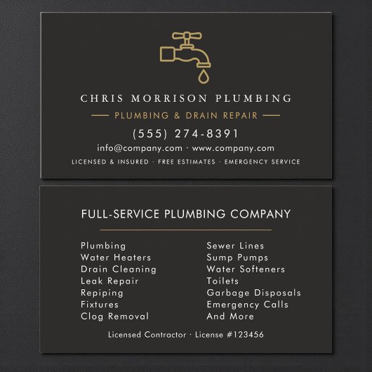 Custom Plumber Dark Elegant Black & Gold  Visitekaartje