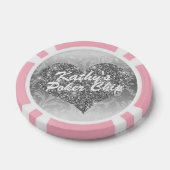 Custom Poker Chip Zilver Faux Glitter Hart Bloemen (Enkel)