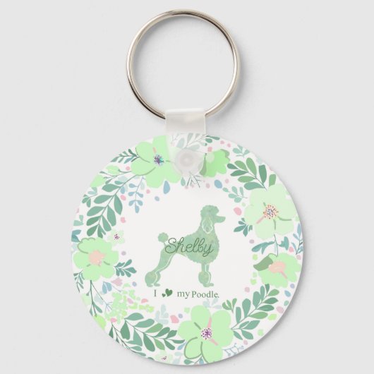 Custom Poodle Photo with Mint Green Floral Wreath Sleutelhanger (Voorkant)