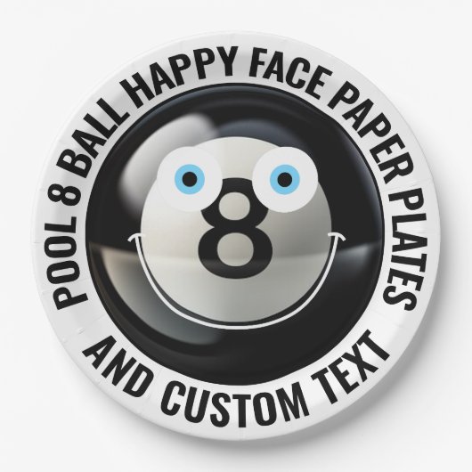 Custom Pool 8 Ball Party BLUE EYES Happy Face 9" Papieren Bordje (Voorkant)