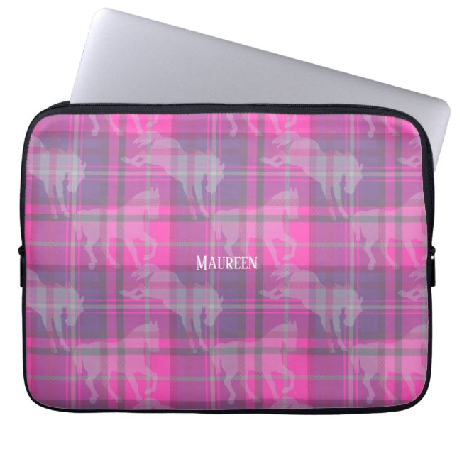 Custom preppy roze paarse paard tartan hart laptop sleeve (Voorkant)