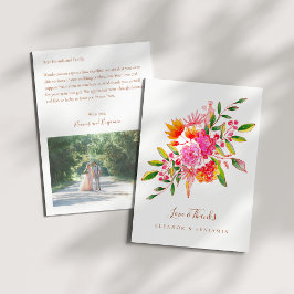 Custom Preprinted Pink Orange Floral Photo Wedding Bedankkaart
