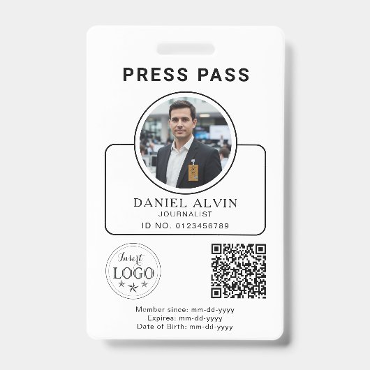 Custom Press Pass with Your Photo ID and QR Code Badge (Voorkant)