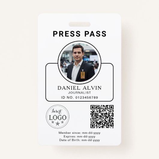 Custom Press Pass with Your Photo ID and QR Code Badge (Voorkant)