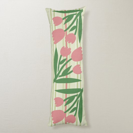 Custom pretty sage green stripes and pink floral lichaamskussen (Achterkant (Verticaal))