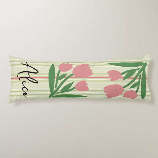 Custom pretty sage green stripes and pink floral lichaamskussen (Voorkant)