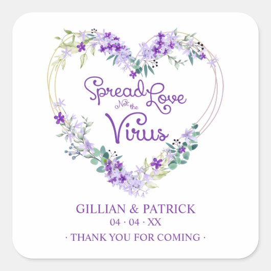 Custom Purple Floral Heart Wedding Sanitizer Gel Vierkante Sticker (Voorkant)