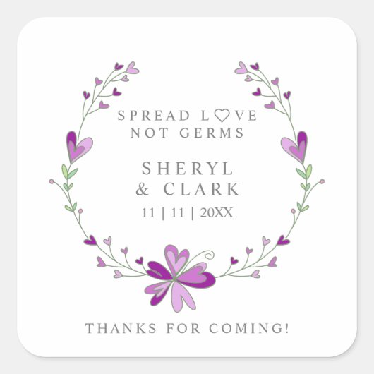 Custom Purple Floral Wreath Wedding Sanitizer Gel Vierkante Sticker (Voorkant)