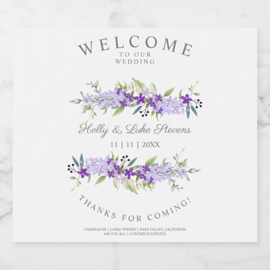 Custom Purple Flower Wedding Garland Sparkling Wijnetiket (Enkel label)