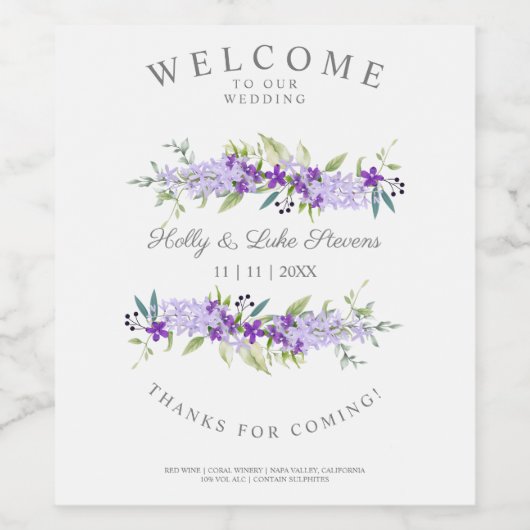 Custom Purple Flower Wedding Garland Wijn Etiket (Enkel label)