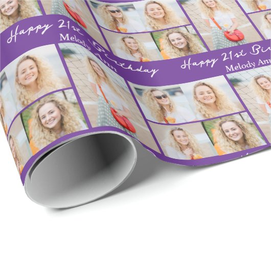 Custom Purple Happy Birthday Photo Collage Cadeaupapier (Rol Hoek)