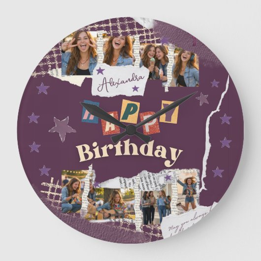 Custom Purple Scrapbook Birthday Photo Collage Grote Klok (Voorkant)