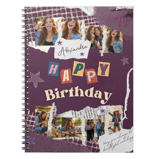 Custom Purple Scrapbook Birthday Photo Collage Notitieboek (Voorkant)