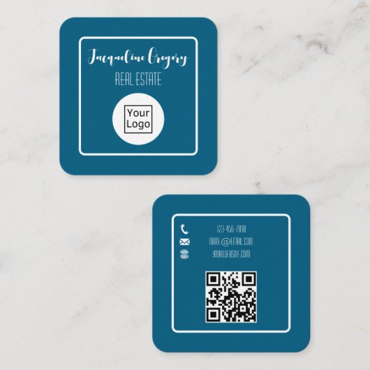 Custom QR Code Modern Logo Navy Small Business Vierkante Visitekaartje (Voorkant / Achterkant)