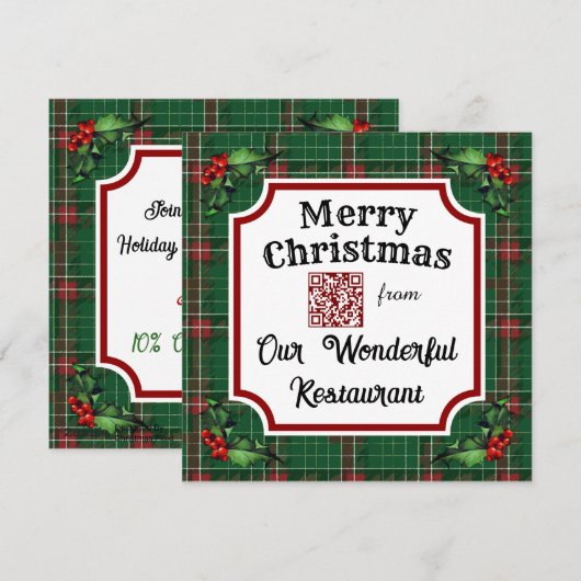 Custom QR Code Restaurant Christmas Green Plaid Feestdagenkaart (Voorkant / Achterkant)