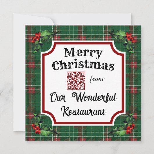 Custom QR Code Restaurant Christmas Green Plaid Feestdagenkaart (Voorkant)