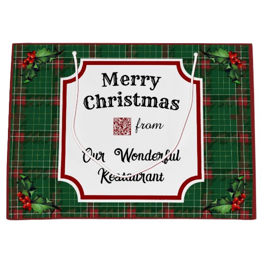 Custom QR Code Restaurant Christmas Green Plaid Groot Cadeauzakje (Voorkant)
