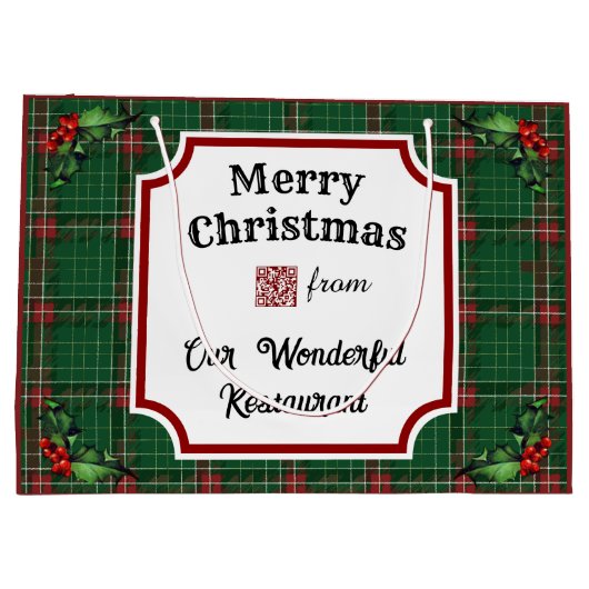 Custom QR Code Restaurant Christmas Green Plaid Groot Cadeauzakje (Achterkant)