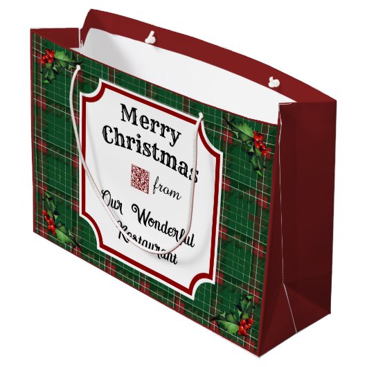 Custom QR Code Restaurant Christmas Green Plaid Groot Cadeauzakje (Achterkant Gekanteld)