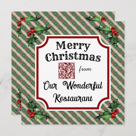 Custom QR Code Restaurant Christmas Plaid Feestdagenkaart (Voorkant / Achterkant)
