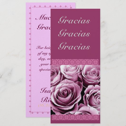 CUSTOM Quinceanera Dank u wel roze rozen Kaart (Voorkant / Achterkant)