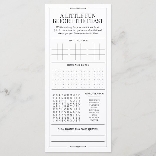 Custom Quinceañera Menu, Black White Interactive Menu (Achterkant)