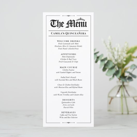 Custom Quinceañera Menu, Black White Interactive Menu (Staand voorkant)